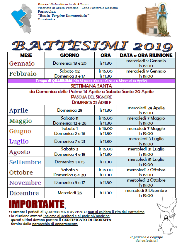 Calendario Battesimi Parrocchia Beata Vergine Immacolata Torvaianica